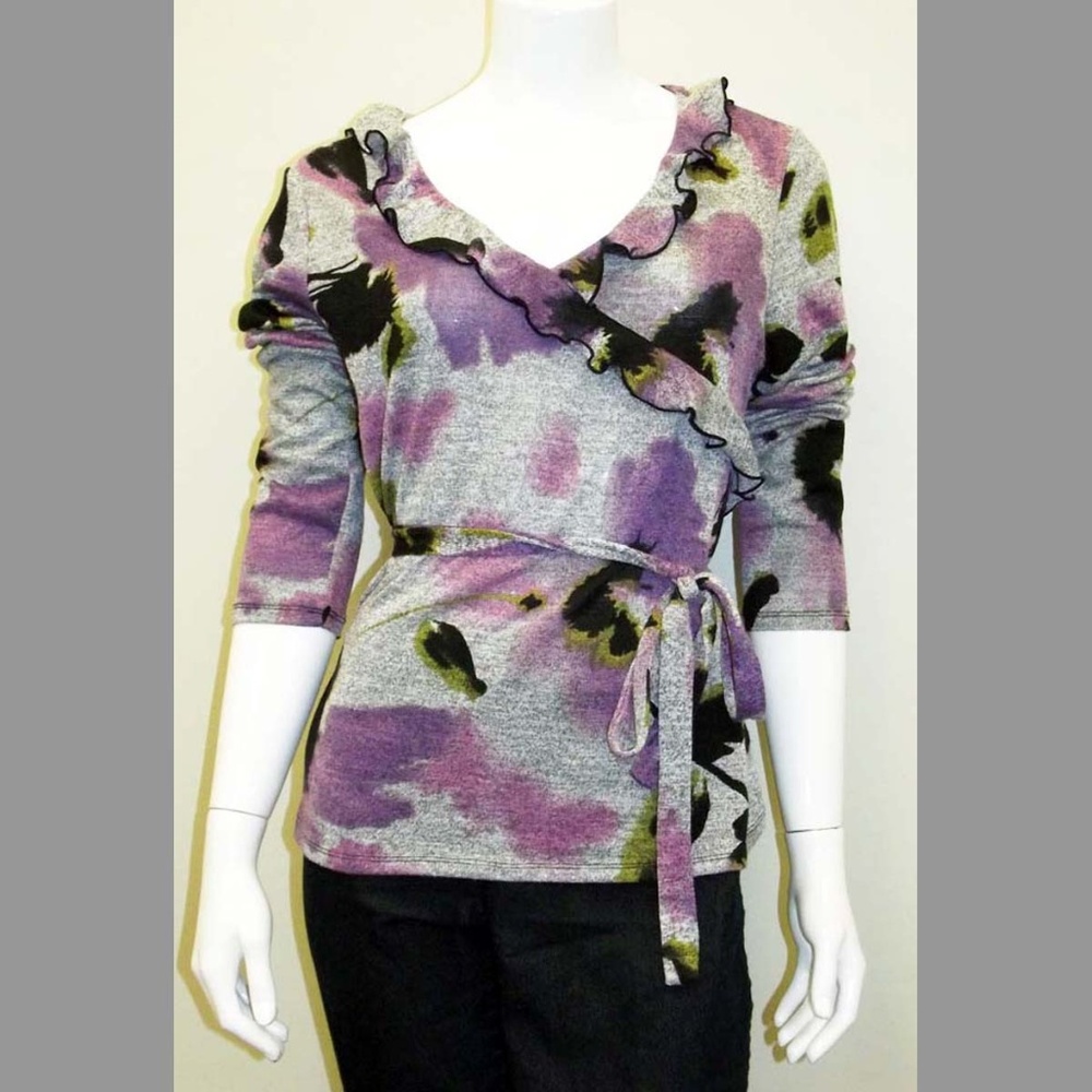 Purple Floral Faux Wrap Long Sleeved Stretch Top L